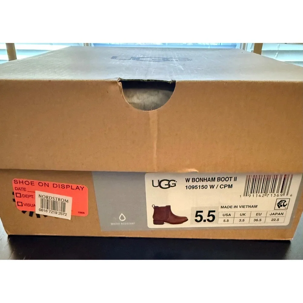 NIB UGG Bonham Boot II Women Size 5.5 Brown Leather Ankle Shearling-Lined Bootie